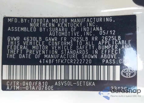 2012 Toyota Camry Xle из США, поврежденный, VIN 4T4BF1FK7CR222720